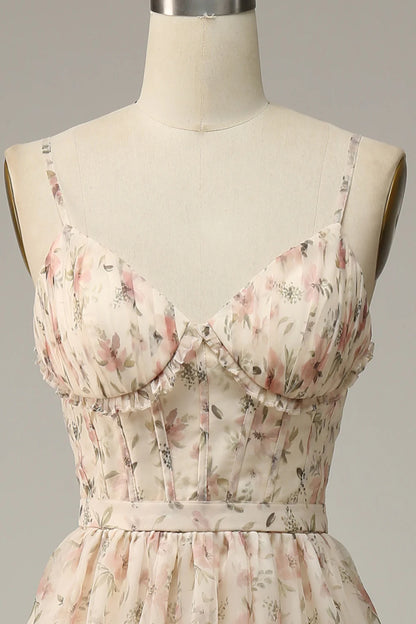 Vestido de fiesta con abertura y estampado de albaricoque en línea A 