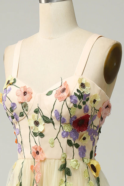 Vestido de fiesta Amzcw de corte A con tirantes finos, color champán, largo hasta la rodilla y apliques 