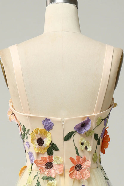 Vestido de fiesta Amzcw de corte A con tirantes finos, color champán, largo hasta la rodilla y apliques 