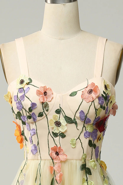 Vestido de fiesta Amzcw de corte A con tirantes finos, color champán, largo hasta la rodilla y apliques 