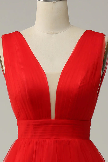 Vestido de fiesta rojo midi con escote en V profundo y espalda abierta