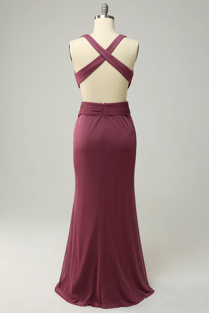 Amzcw Sheath Deep V Neck Desert Rose Long Plus Size Formal Dress with Split Front