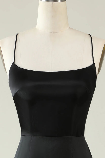 Vestido de fiesta de satén negro con tirantes finos y flecos de Amzcw 