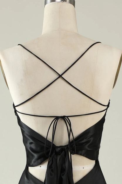 Vestido de fiesta de satén negro con tirantes finos y flecos de Amzcw 