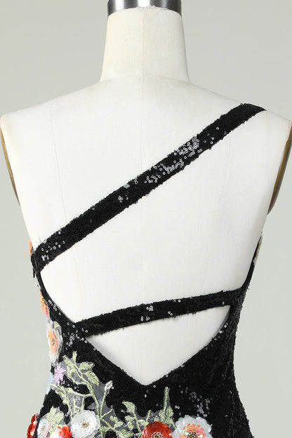 Amzcw Bodycon One Shoulder Black Sequin Beading Homecoming Dress with 3d Flowers