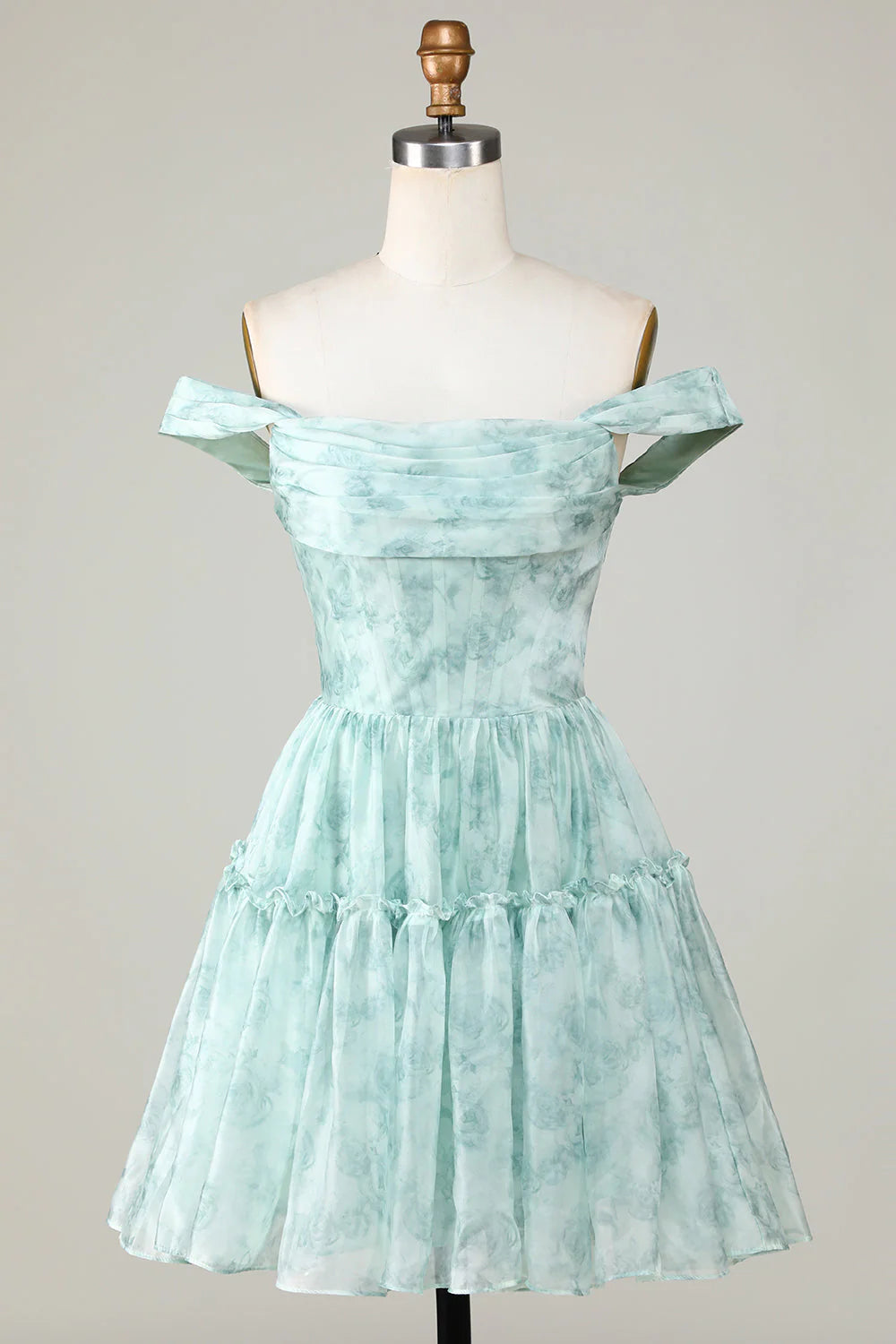 Amzcw Cute Sage A Line Off The Shoulder Corset Pleated Unique Print Homecoming Dress
