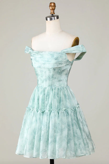 Amzcw Cute Sage A Line Off The Shoulder Corset Pleated Unique Print Homecoming Dress