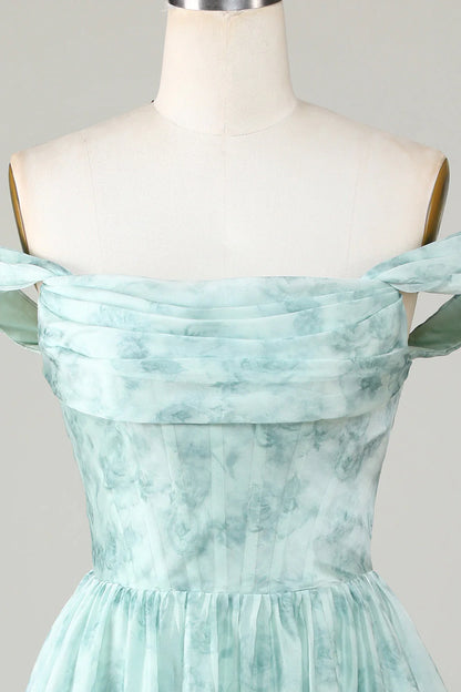 Amzcw Cute Sage A Line Off The Shoulder Corset Pleated Unique Print Homecoming Dress