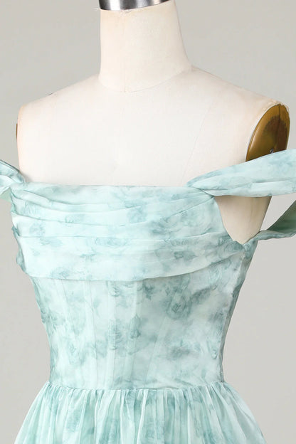 Amzcw Cute Sage A Line Off The Shoulder Corset Pleated Unique Print Homecoming Dress