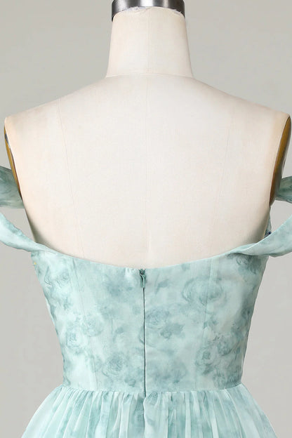 Amzcw Cute Sage A Line Off The Shoulder Corset Pleated Unique Print Homecoming Dress