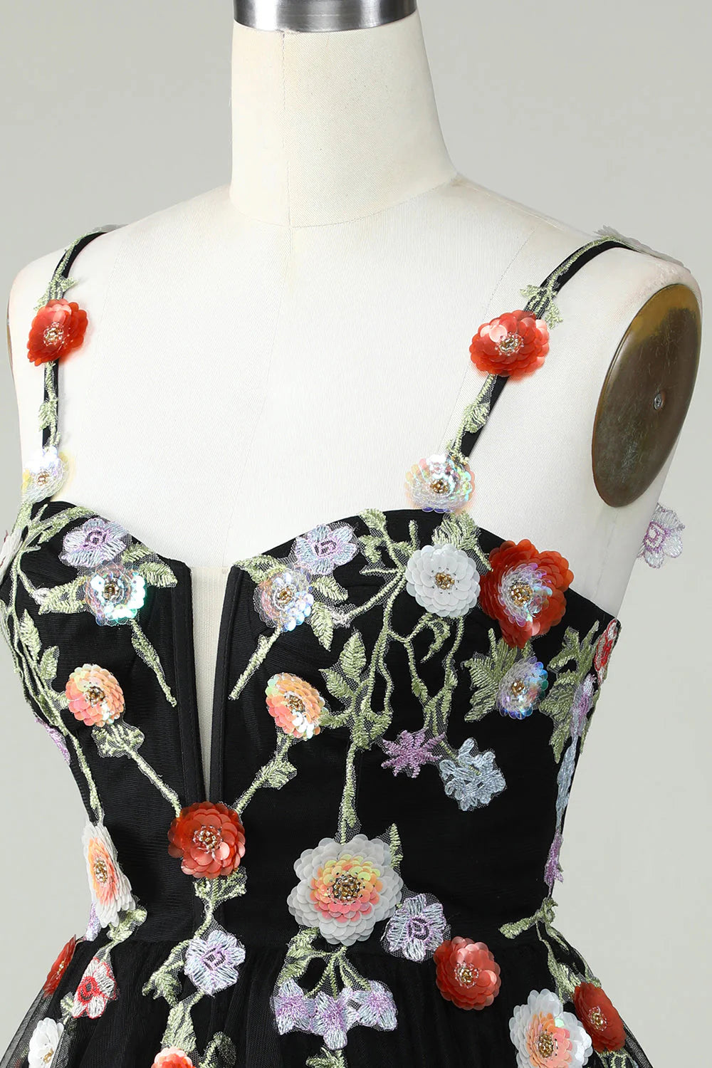 Amzcw Black A Line Spaghetti Straps Sequin Homecoming Dress with Flowers