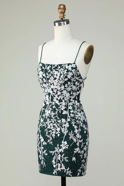 Amzcw Dark Green Bodycon Spaghetti Straps Homecoming Dress With Appliques