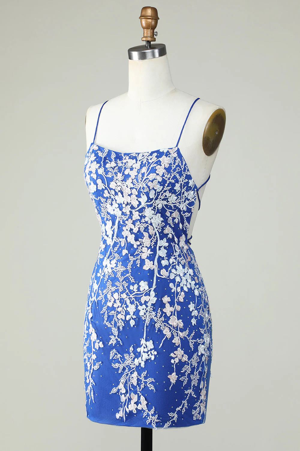 Amzcw Royal Blue Bodycon Spaghetti Straps Short Homecoming Dress With Appliques