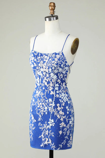 Amzcw Royal Blue Bodycon Spaghetti Straps Short Homecoming Dress With Appliques