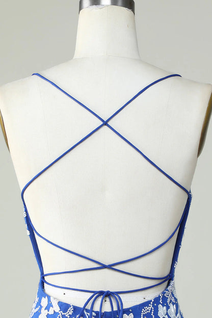 Amzcw Royal Blue Bodycon Spaghetti Straps Short Homecoming Dress With Appliques