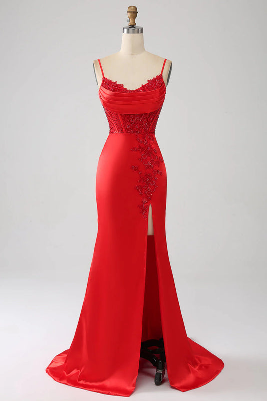 Amzcw Red Mermaid Spaghetti Straps Satin Beaded Prom Dress with Slit