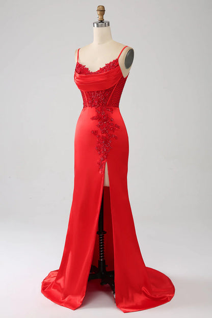 Amzcw Red Mermaid Spaghetti Straps Satin Beaded Prom Dress with Slit