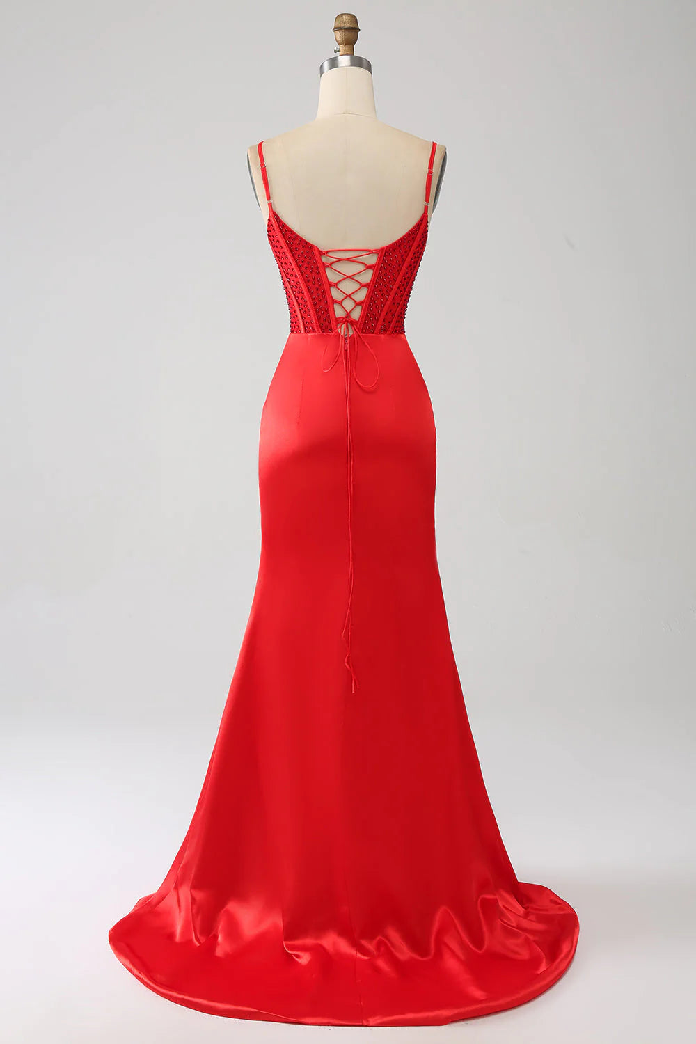 Amzcw Red Mermaid Spaghetti Straps Satin Beaded Prom Dress with Slit