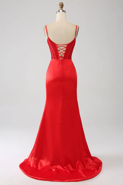 Amzcw Red Mermaid Spaghetti Straps Satin Beaded Prom Dress with Slit