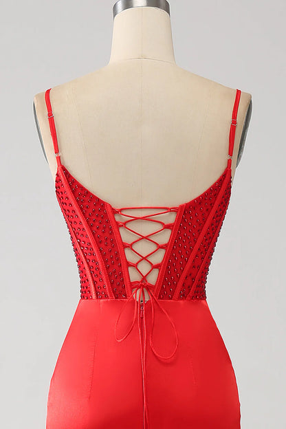 Amzcw Red Mermaid Spaghetti Straps Satin Beaded Prom Dress with Slit