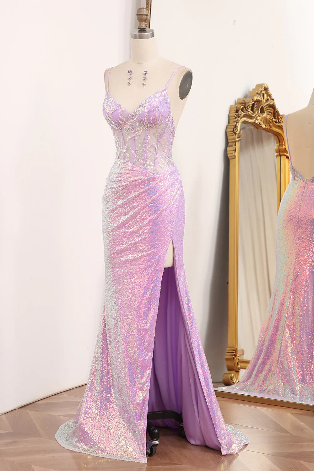 Amzcw Sparkly Light Purple Mermaid Backless Long Corset Prom Dress With Slit prom dresses with long sleeves