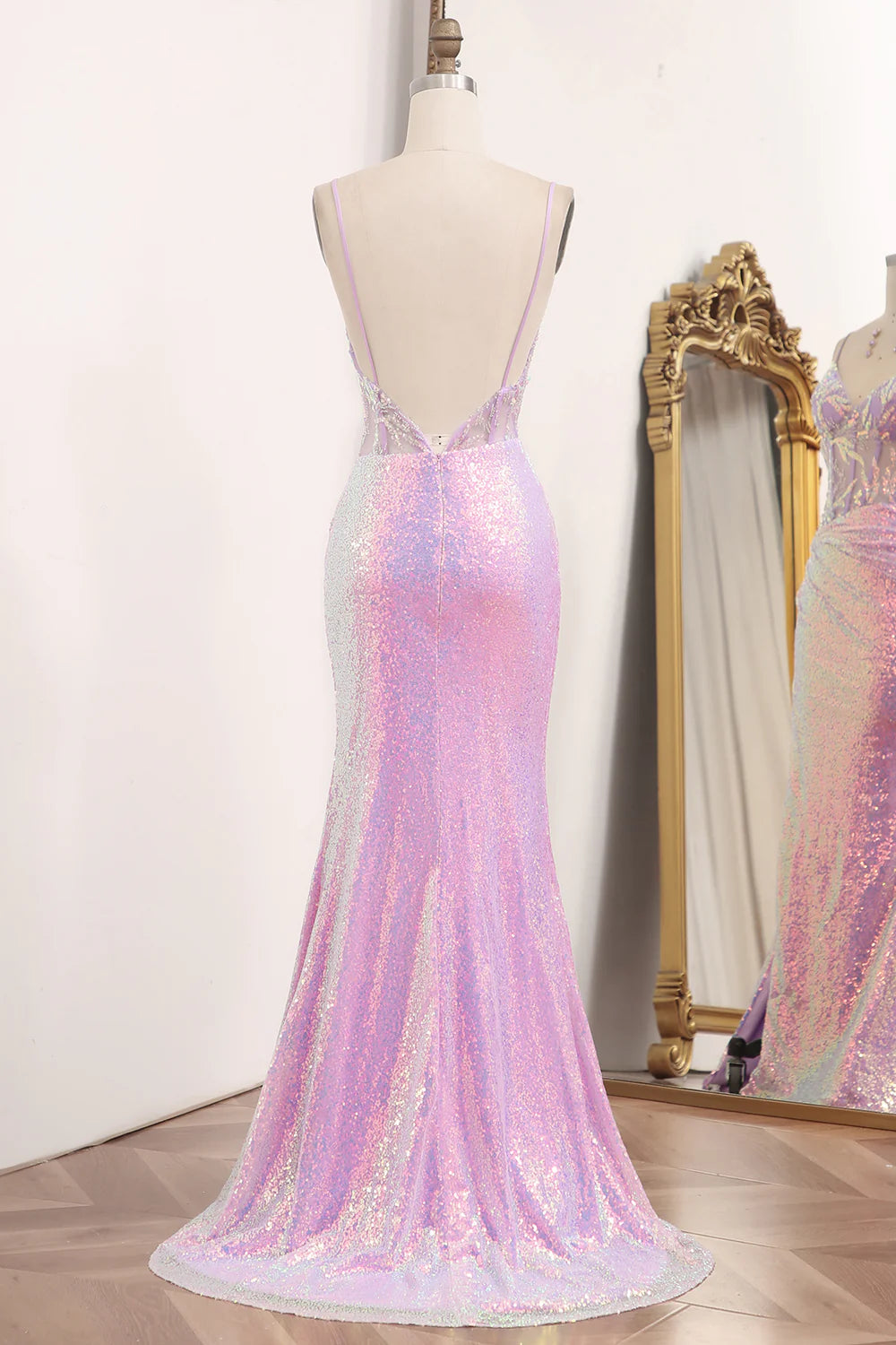 Amzcw Sparkly Light Purple Mermaid Backless Long Corset Prom Dress With Slit prom dresses with long sleeves