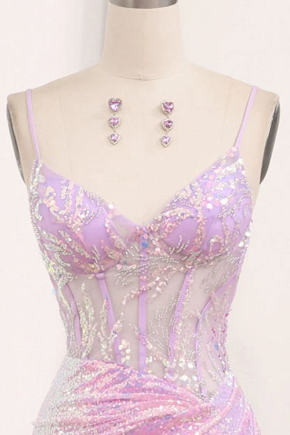 Amzcw Sparkly Light Purple Mermaid Backless Long Corset Prom Dress With Slit prom dresses with long sleeves