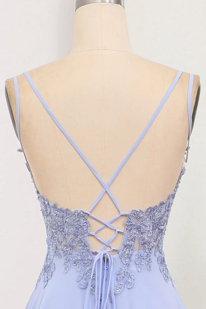 Amzcw Lavender A Line Spaghetti Straps Backless Long Prom Dress With Slit prom dresses with long sleeves