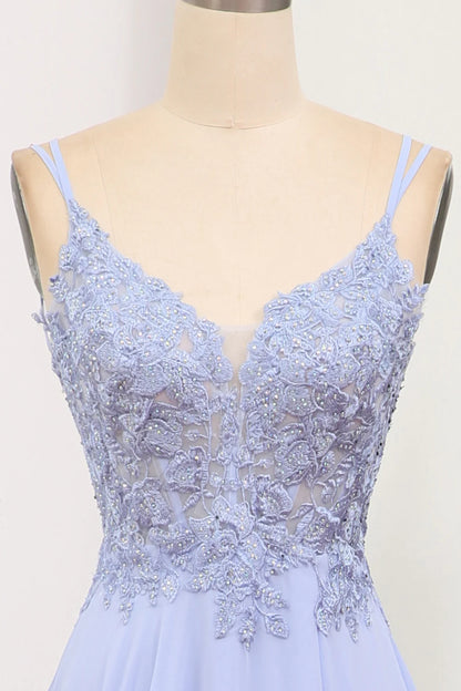 Amzcw Lavender A Line Spaghetti Straps Backless Long Prom Dress With Slit prom dresses with long sleeves