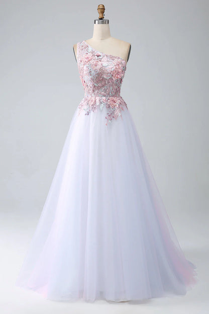 Amzcw A-Line One Shoulder Pink Prom Dress with Appliques