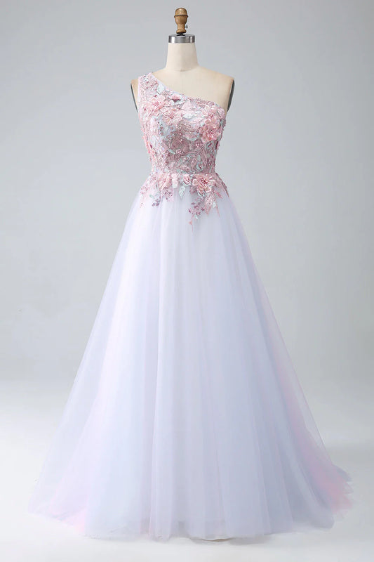 Amzcw A-Line One Shoulder Pink Prom Dress with Appliques