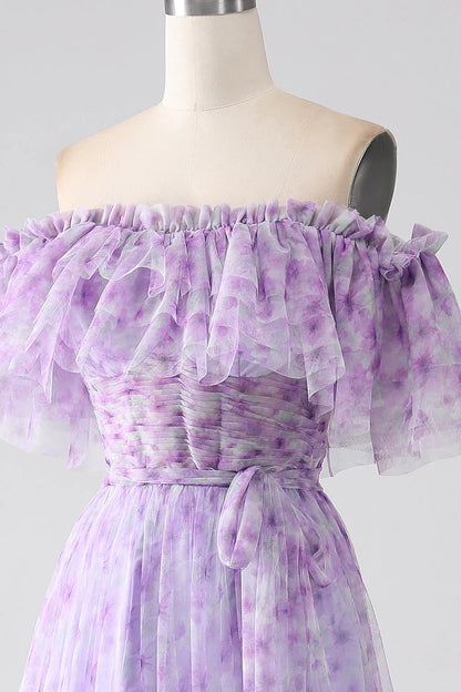 Amzcw Lilac A-Line Off the Shoulder Floral Long Prom Dress With Ruffles