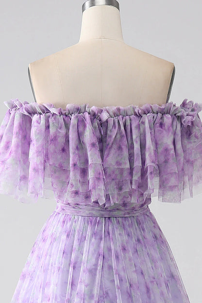 Amzcw Lilac A-Line Off the Shoulder Floral Long Prom Dress With Ruffles