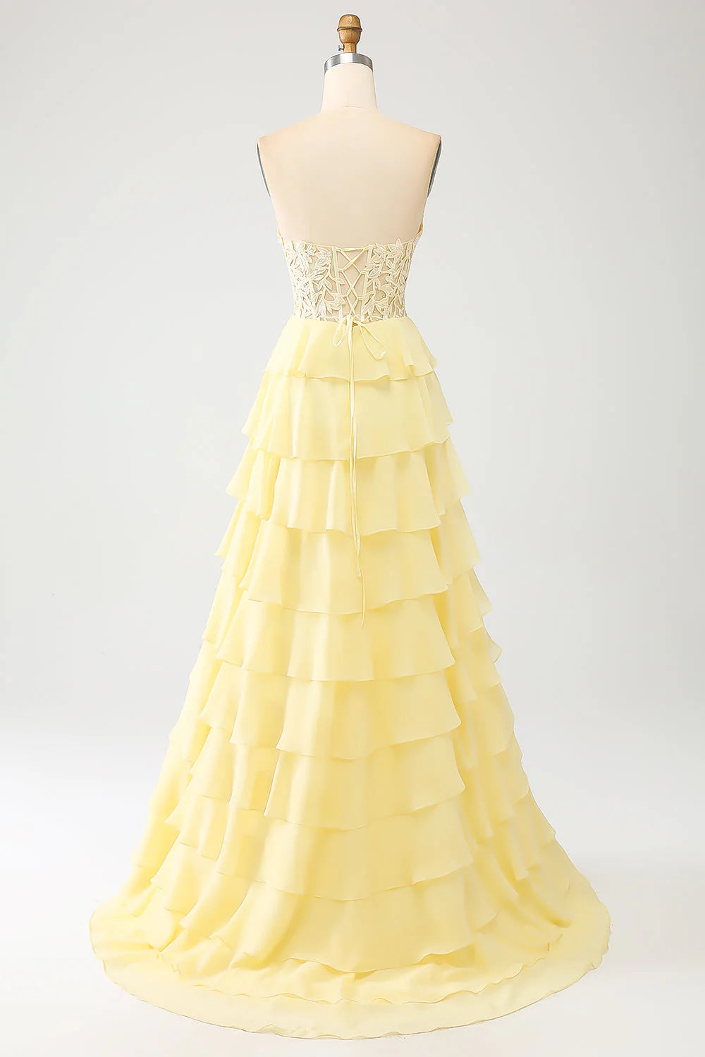 Amzcw Yellow A-Line Sweetheart Tiered Corset Long Prom Dress