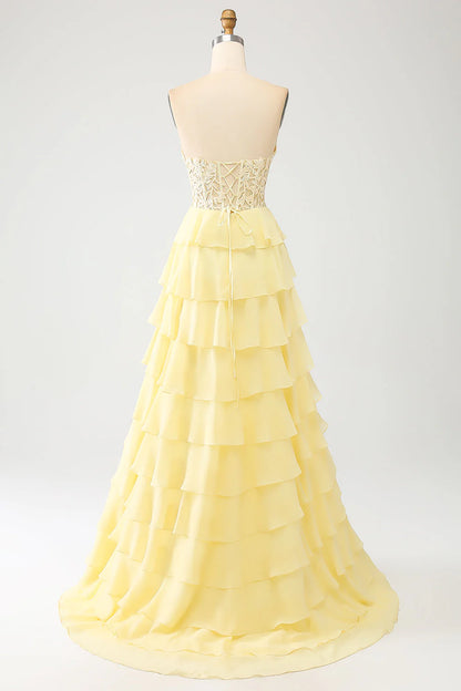 Amzcw Yellow A-Line Sweetheart Tiered Corset Long Prom Dress