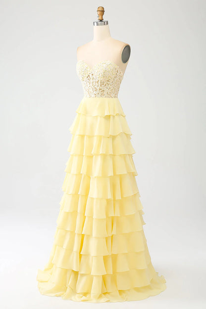 Amzcw Yellow A-Line Sweetheart Tiered Corset Long Prom Dress