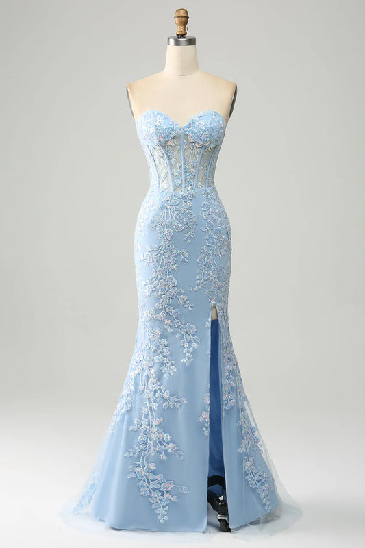 Amzcw Light Blue Mermaid Sweetheart Corset Long Prom Dress With Slit