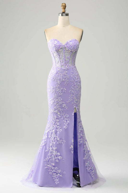 Amzcw Lilac Mermaid Sweetheart Corset Long Prom Dress With Slit