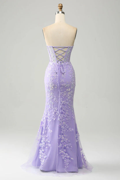 Amzcw Lilac Mermaid Sweetheart Corset Long Prom Dress With Slit