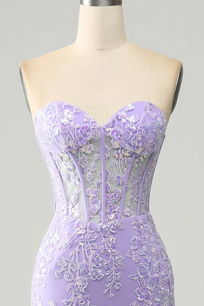 Amzcw Lilac Mermaid Sweetheart Corset Long Prom Dress With Slit