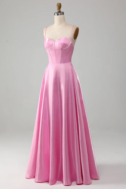 Amzcw Pink A-Line Spaghetti Straps Corset Long Prom Dress