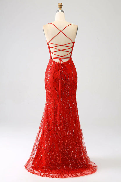 Amzcw Glitter Red Mermaid Spaghetti Straps Long Sequins Prom Dress with Slit