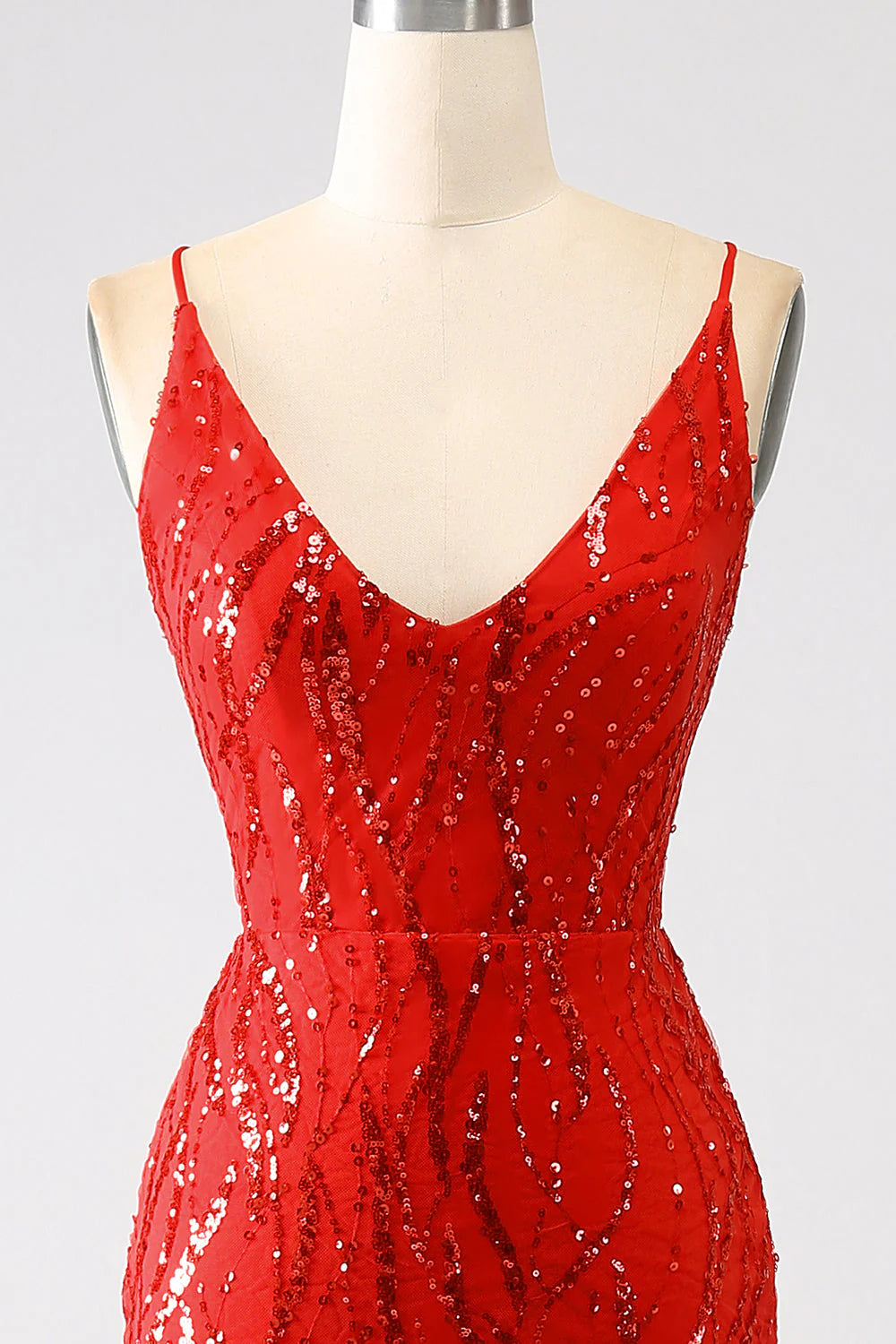 Amzcw Glitter Red Mermaid Spaghetti Straps Long Sequins Prom Dress with Slit