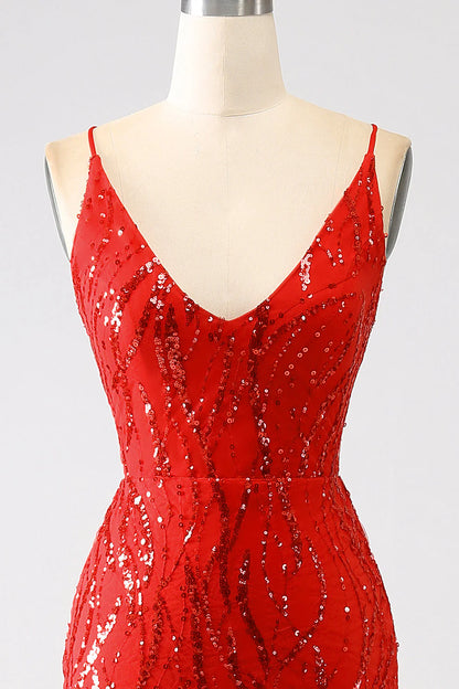 Amzcw Glitter Red Mermaid Spaghetti Straps Long Sequins Prom Dress with Slit