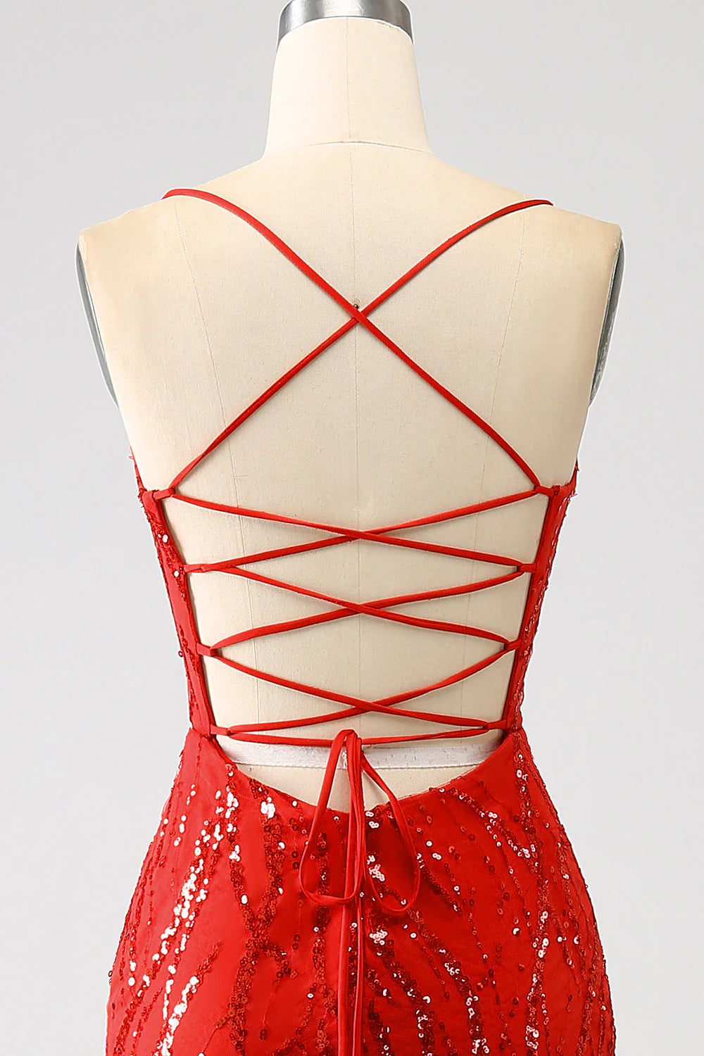 Amzcw Glitter Red Mermaid Spaghetti Straps Long Sequins Prom Dress with Slit