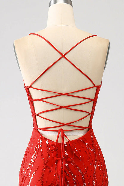 Amzcw Glitter Red Mermaid Spaghetti Straps Long Sequins Prom Dress with Slit