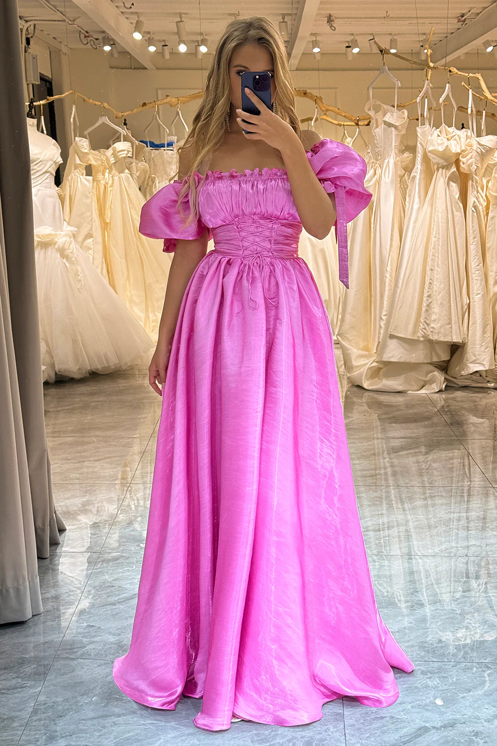 Amzcw A-Line Off The Shoulder Fuchsia Lace-Up Prom Dress With Puff Sleeves prom dresses with long sleeves