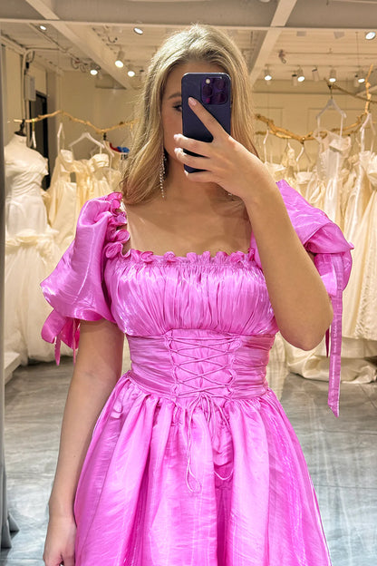 Amzcw A-Line Off The Shoulder Fuchsia Lace-Up Prom Dress With Puff Sleeves prom dresses with long sleeves