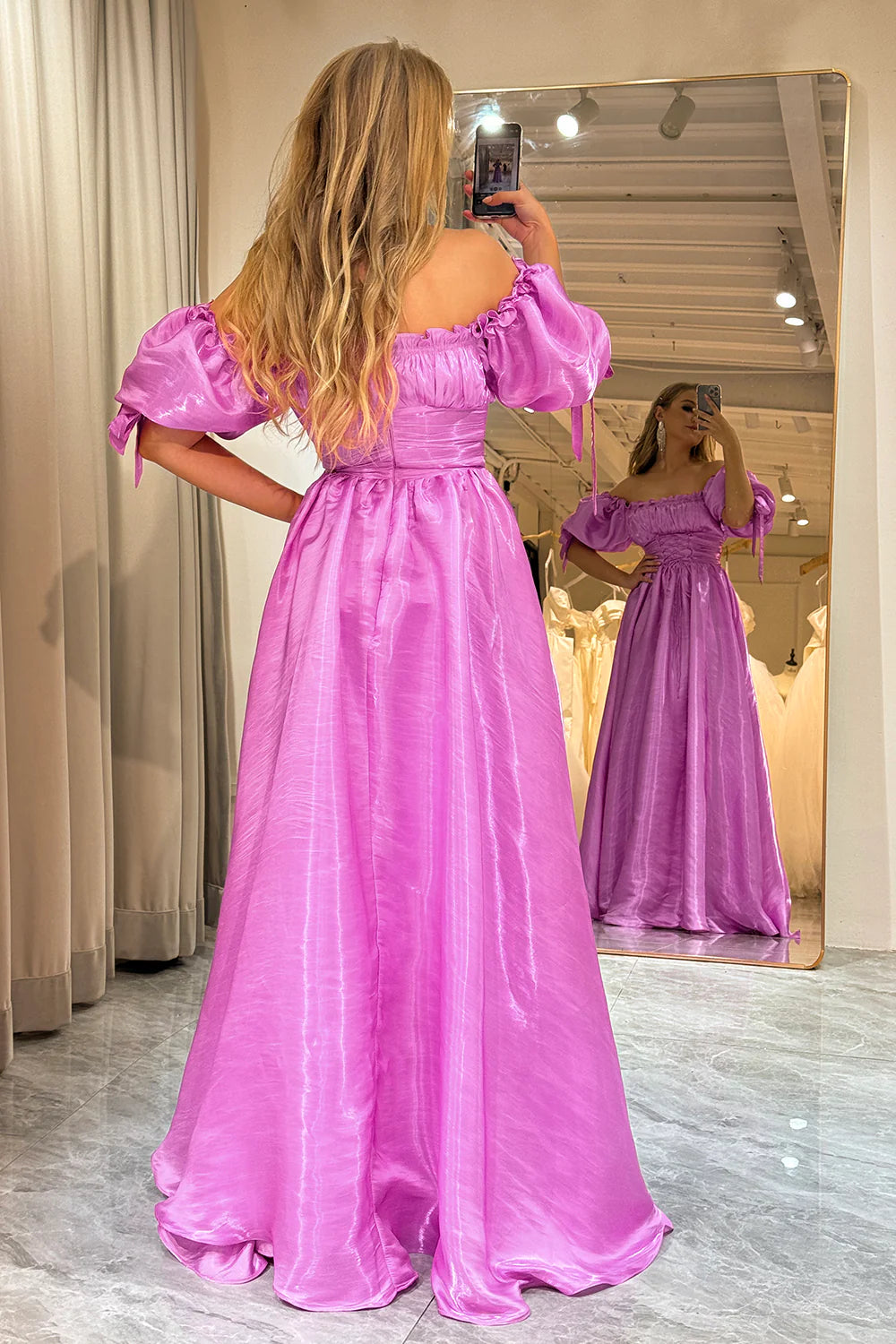 Amzcw A-Line Off The Shoulder Fuchsia Lace-Up Prom Dress With Puff Sleeves prom dresses with long sleeves