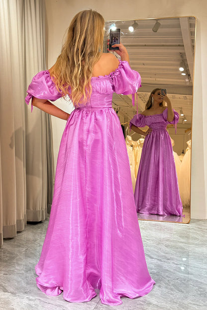 Amzcw A-Line Off The Shoulder Fuchsia Lace-Up Prom Dress With Puff Sleeves prom dresses with long sleeves
